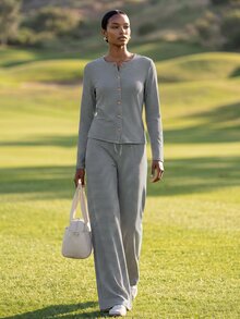 Zivah Women's Striped Button Long Sleeve Top And Drawstring Waist Pants Sportswear Set - Multicolor - View 5