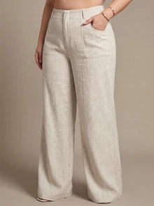 Dazy Plus High Waist Apricot Solid Color Large Pocket Loose Straight Leg Wide Leg Linen Pants - Apricot - View 5