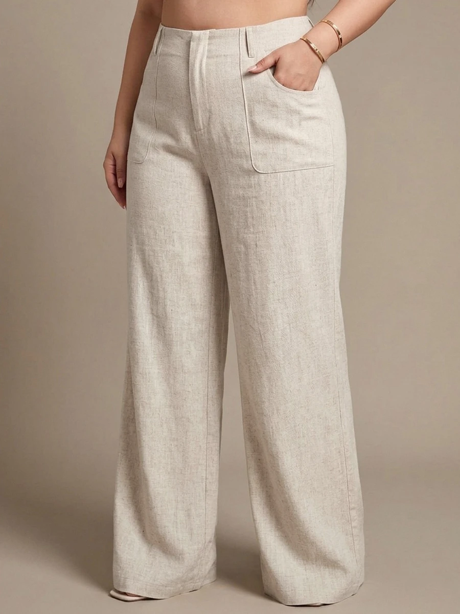 Dazy Plus High Waist Apricot Solid Color Large Pocket Loose Straight Leg Wide Leg Linen Pants - Apricot - View 1