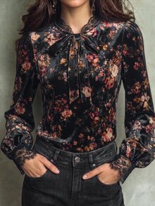 LUMIGAL Winter Women's Knitted Printed Elegant Autumn Blouse - Black - View 1