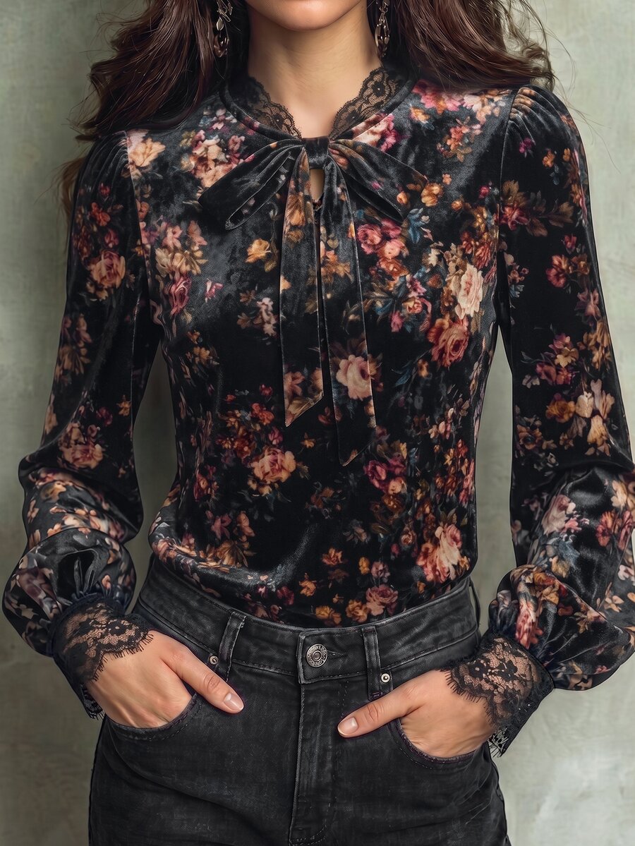 LUMIGAL Winter Women's Knitted Printed Elegant Autumn Blouse - Black - View 1