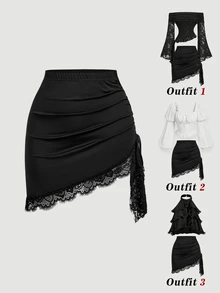 SHEIN MOD Plus Size Sexy Lace Patchwork Asymmetrical Hem Mini Skirt - Black - View 5