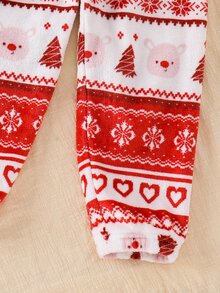 SHEIN 小男孩冬季卡通刺繡熊聖誕絨毛圖案圓領標準肩長袖上衣與長褲 2件組 柔軟舒適雙面法蘭絨睡衣套裝 - 彩色 - 查看 6