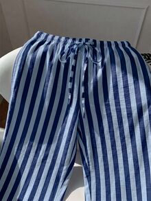 SHEIN EZwear Plus Size Striped Colorblock Drawstring Waist Pants For Daily Wear - Royal Blue - View 4
