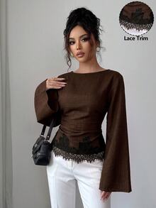 Siren Gaze 女款蕾絲拼接百褶休閒法式優雅百搭日常穿著上衣 早午餐 米色 秋季 - 棕色 - 查看 6