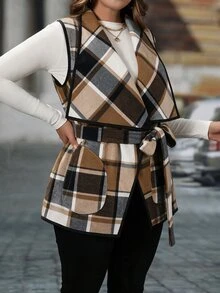 SHEIN 大尺碼女款秋冬新款時尚極簡格紋紋理布料腰部蝴蝶結無袖外套 - 卡其色 - 查看 4