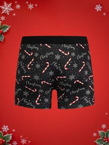 Notgurli Christmas Funny Print Cartoon Santa Claus Gift Box Candy Cane Bell Snowflake Snowman Family Party Men's Mid-Length Flat Front Boxer Briefs - Black - View 2