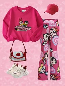 THE POWERPUFF GIRLS X SHEIN Young Girl Letter Print Crew Neck Long Sleeve Sweatshirt And Flared Pants Casual Set - Pink - View 3