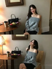 DAZY Women's Off-Shoulder Korean Style Long Sleeve Autumn/Winter Elegant Sweater - Grey - View 8
