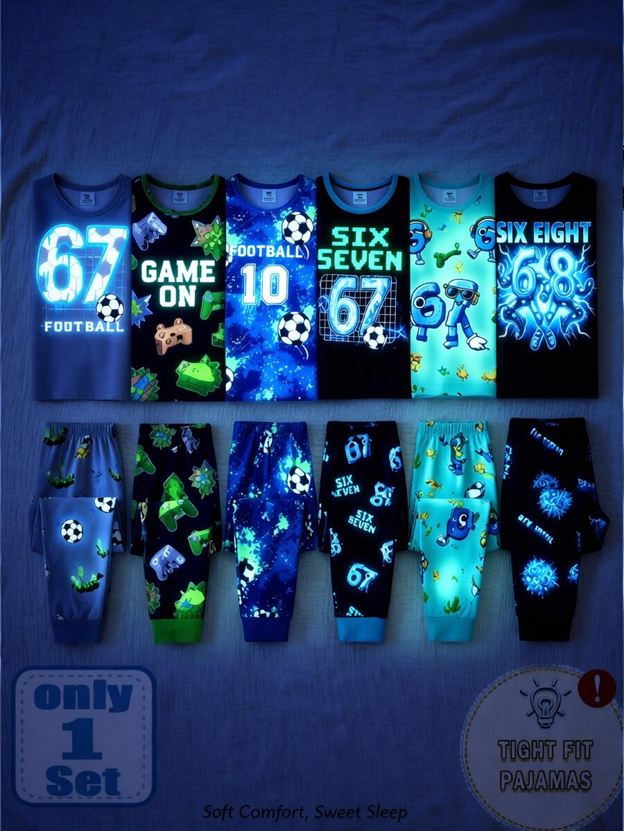 大童男孩秋季新款 UV 手電筒感光數位遊戲 67 圖案印花圓領上衣搭配滿版印花長褲長袖修身 2 件套家居服 - 黑色 - 查看 1