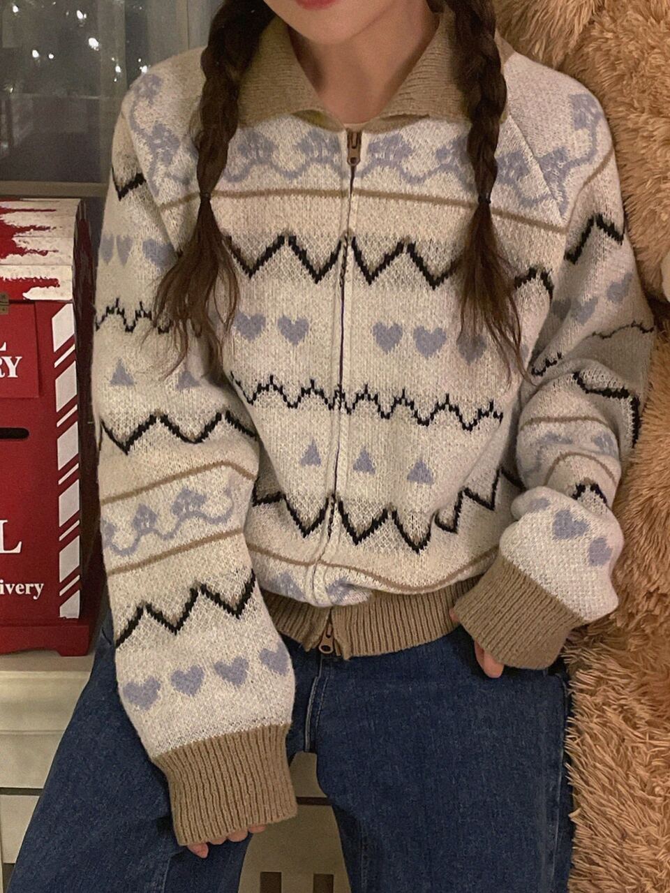 Women's Colorblock Pattern Jacquard Loose Long Sleeve Lapel Zip-Up Casual Vacation Daily Korean Style Thick Knit Cardigan, Autumn/Winter