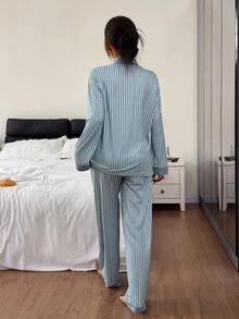 DAZY Women's Striped Single-Breasted Top And Pants Pajama Set - Blue - View 2