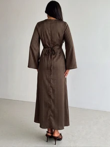 Aloruh 女款優雅收腰繫帶條紋洋裝，百搭條紋秋冬洋裝 - 棕色 - 查看 5