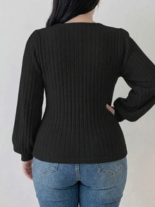 Dazy Plus Solid Color Square Neck Fitted Lantern Sleeve Long Sleeve T-Shirt Spring Summer Autumn - Black - View 2