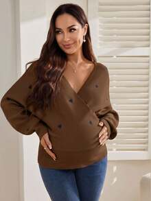 SHEIN 孕婦愛心刺繡重疊V領蝙蝠袖長袖休閒針織衫 - 咖啡棕 - 查看 6