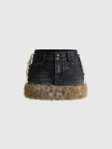 ROMWE Kawaii Y2K Retro Leopard Print Frayed Edge Side Lace-Up Design Women's Mini Low Waist Denim Skirt With Belt Accessory - Grey - View 2