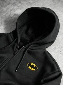 BATMAN X SHEIN Manfinity EMRG Men's Cartoon Embroidered Zipper Placket Casual Drawstring Hooded Sweatshirt - Black - View 3