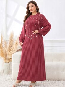 Lacomfia Plus Size Women's Faux Pearl Decor Patchwork Tassel Design Round Neck Long Sleeve Elegant Knit Dress - Red Violet - View 5