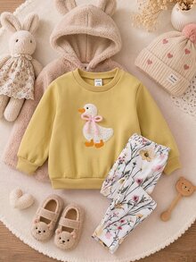 SHEIN 女嬰加厚抓絨套頭秋季衛衣，可愛鴨子刺繡圖案，百搭花朵彈性印花內搭褲套裝，適合冬季 - 黃色 - 查看 4
