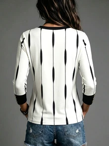 SHEINBlues Women's Striped V-Neck Button Cuff Casual T-Shirt - Multicolor - View 2