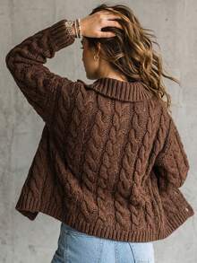 SHEIN كارديجان نسائي كاجوال بني قهوة محبوك بكابلات مع ياقة وفتحة صدر واحدة - قهوة بني - مشاهدة 2