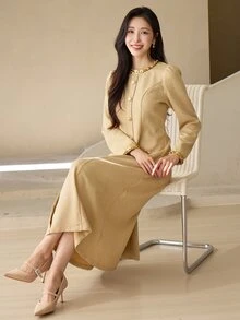 DAZY Women's Elegant Sequin Button Long Sleeve Dress For Evening Party - Khaki - View 7