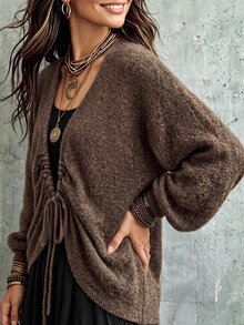 Breezaya Women's Solid Color Deep V-Neck Front Tie Long Sleeve Loose Casual Sweater - Brown - View 6
