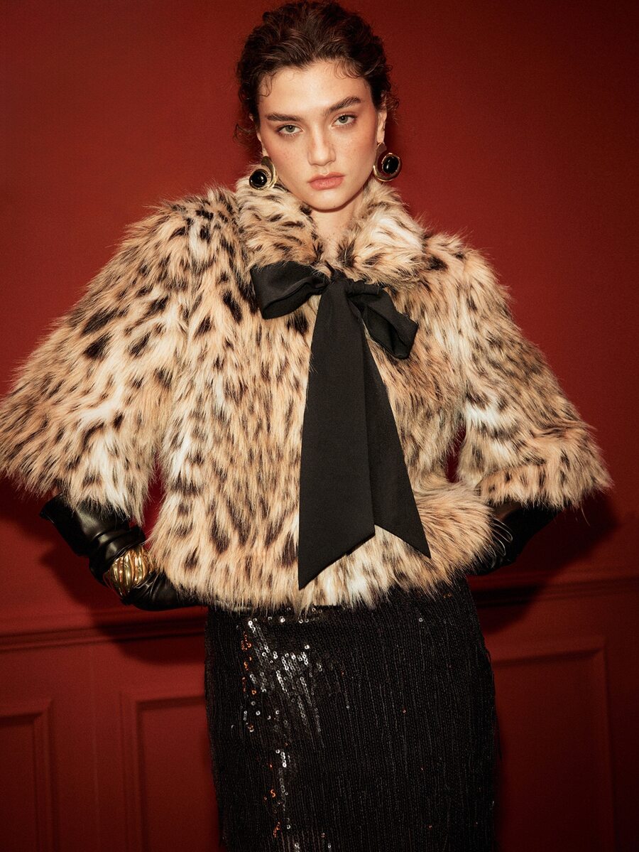 Arave Women Artificial Fur Coat Short Cinched Waist Sequin Neckline Big Bow Modern Brown Black Leopard Christmas Leopard Print Fur Coat Christmas - Multicolor - View 1