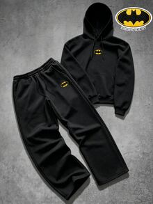 BATMAN X SHEIN Manfinity EMRG Men's Cartoon Embroidered Long Sleeve Hoodie And Sweatpants Casual Set - Black - View 3