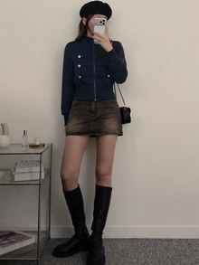 DAZY 女款小立領長袖短版宮廷風宴會開襟運動衫 - 藏蓝色 - 查看 3