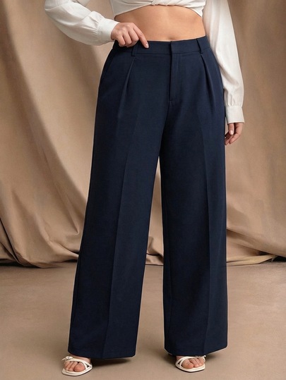 Anewsta Women's Plus Size Navy Blue High-Waist Pleated Straight Leg Dress Pants, Minimalist Autumn/Winter Commuter Trousers For Office, Dating And Casual Wear