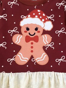 SHEIN Infant Girls Christmas Long Sleeve Top, Gingerbread Man & Bowknot Pattern Lace Ruffle Hem Blouse - Burgundy - View 4