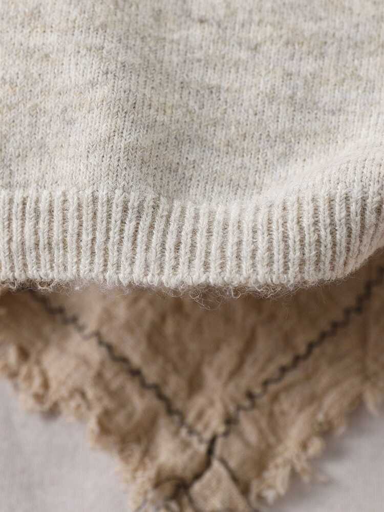 SHEIN Girls' Oatmeal Handmade Crochet Chunky Knit Pullover Round Neck Sweater, Autumn/Winter, Fashionable Elegant Ruffle Hem And Cuff Details - Apricot - View 4