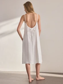Ocili Women's Solid Color Pure Cotton Tie Strap Nightgown Loungewear Dress - White - View 3
