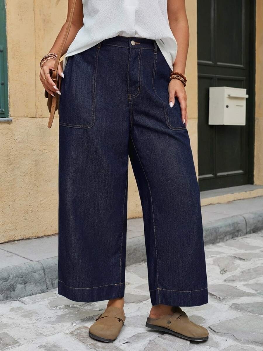 SHEIN MOD Plus Size Women's Casual Daily Travel Denim Jeans With Pockets - Dark Wash - View 1
