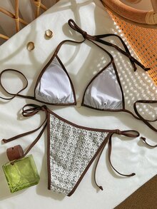 SHEIN Swim 女款性感亮片蕾絲掛脖比基尼套裝，適合海灘、度假與派對 - 棕色 - 查看 2