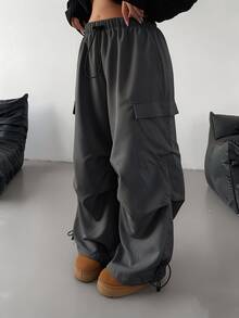POPSWAY Pantalones cargo casuales holgados con cordón para tallas grandes - Gris Oscuro - Ver 3