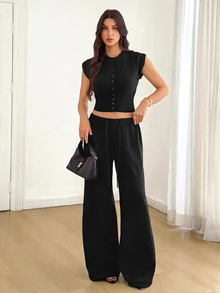 SHEIN Tall 女款卡其色單排扣短袖針織上衣與長褲2件套，適合夏季度假、機場穿搭 - 黑色 - 查看 7