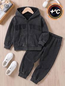 SHEIN 兒童 2 件組小男孩休閒深藍色 Fit-Up 連帽衛衣與秋季長褲套裝，白色字母圖案與條紋設計 - 黑色 - 查看 2