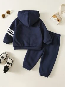 SHEIN 2件組嬰兒男孩女孩運動休閒日常舒適白色字母裝飾與白色條紋海軍藍寬鬆連帽開襟運動衫與長褲套裝，適合外出、上學、日常運動，秋冬款 - 藏蓝色 - 查看 2