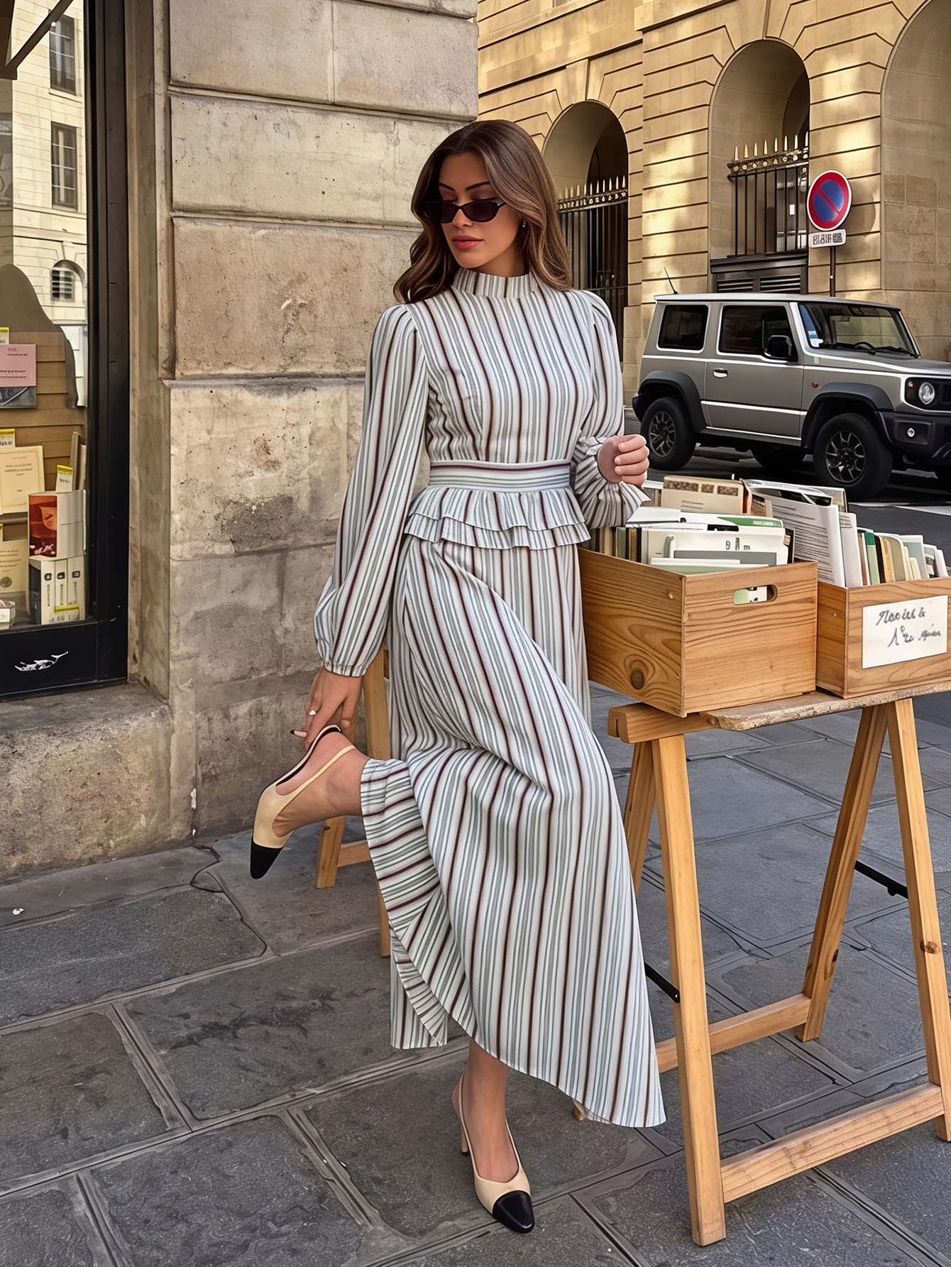 SHEIN Frenchy فستان نسائي موضة الشارع مخطط بحافة مكشكشة - الأزرق - مشاهدة 1