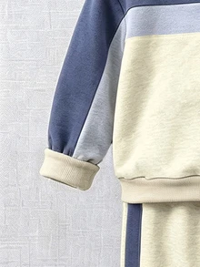 男嬰 2件套休閒賽車風春秋冬季連帽衛衣與運動長褲套裝，對比色圖案印花設計，白色藍色 - 彩色 - 查看 5