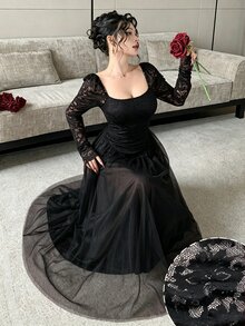 Modelyn French Square Neck Lace Patchwork Long Sleeve Slim Fit Flattering Mesh Elegant Evening Dress For Women - Black - View 9