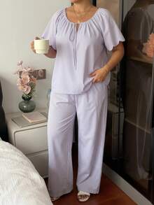 Dazy Plus Purple Casual Long Pants 2pcs Set Homewear Spring Summer Autumn New Pajama Set - Purple - View 7