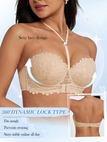 DesireSculpt Women's Sexy Lace Halter Neck Front Closure Underwire Push-Up Bra 2pcs Set - Multicolor - View 7