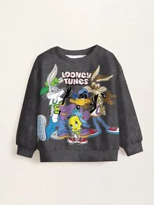 LOONEY TUNES X SHEIN Young Boy Letter Cartoon Print Crew Neck Long Sleeve Casual Sweatshirt - White - View 8