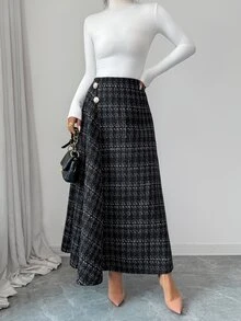 Elenzga Women's Autumn/Winter Vintage Plaid Tweed Skirt With Metal Buttons, Asymmetric Front Placket, Draped A-Line Silhouette - Black and White - View 6