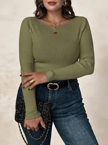 SHEIN Clasi 大尺碼女款淺杏色船領長袖基礎套頭毛衣，秋冬疊穿上衣 - 軍綠色 - 查看 4