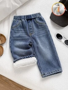 SHEIN Playful Pals 女嬰保暖內裡牛仔長褲 休閒百搭極簡 Y2K 街頭風 酷感破洞 寬鬆直筒 水洗藍 舒適牛仔褲 適合日常穿著 中性款 - 淺色水洗藍 - 查看 1