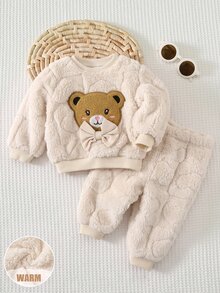 SHEIN 新生兒秋冬可愛毛茸茸卡通熊圖案運動衫套裝嬰兒 - 米色 - 查看 5